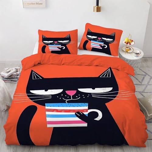 Housse de couette 220x240 chat noir avec 2 taies d'oreiller microfibre douce - 2
