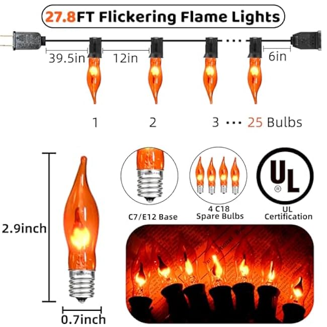 27.8Ft Fall Halloween Lights - Flickering Flame String Lights Orange Flickering String Lights with 25 Pack Orange Flame Light Bulbs for Fall Halloween Decorations Indoor Outdoor Home Party Mantel