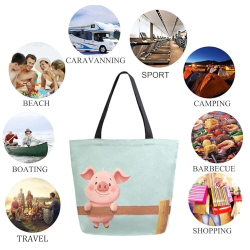 Cute Pig Hanging on Fence Green Extra Large Canvas Gym Shoulder Tote,Durable Daily Reusable Top Handle Bag for Mens Womens Yoga Weekender Picnic Beach Travel Market Shopping4