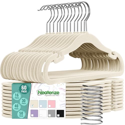 Image of Velvet Kids Hangers 60 Pack - Beige Toddler Hangers with Notches, Heavy Duty Non-Slip Velvet Baby Hanger