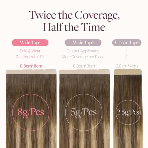 Image of GOO GOO Tape In Weft Hair Extensions Human Hair, 4 /27 /4 Balayage Chocolate Brown to Caramel Blonde, 8cm Wide Tape, 18inch 20pcs 160g, Tape Weft Hair Extensions, Seamless Tape in