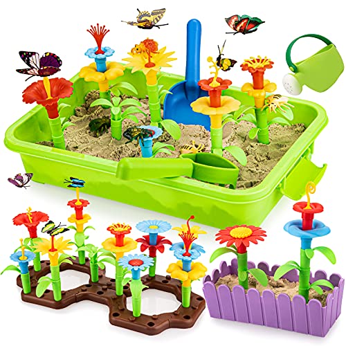 Girls Toys Age 3-6 Year Old Flower Garden Building, Stem Toy Gardening Pretend for Kids, Sensory Bin with 2.5lbs Play Sand, Pots, Insects and Tools, Educational Activity for Girls Boys Toddler Gifts