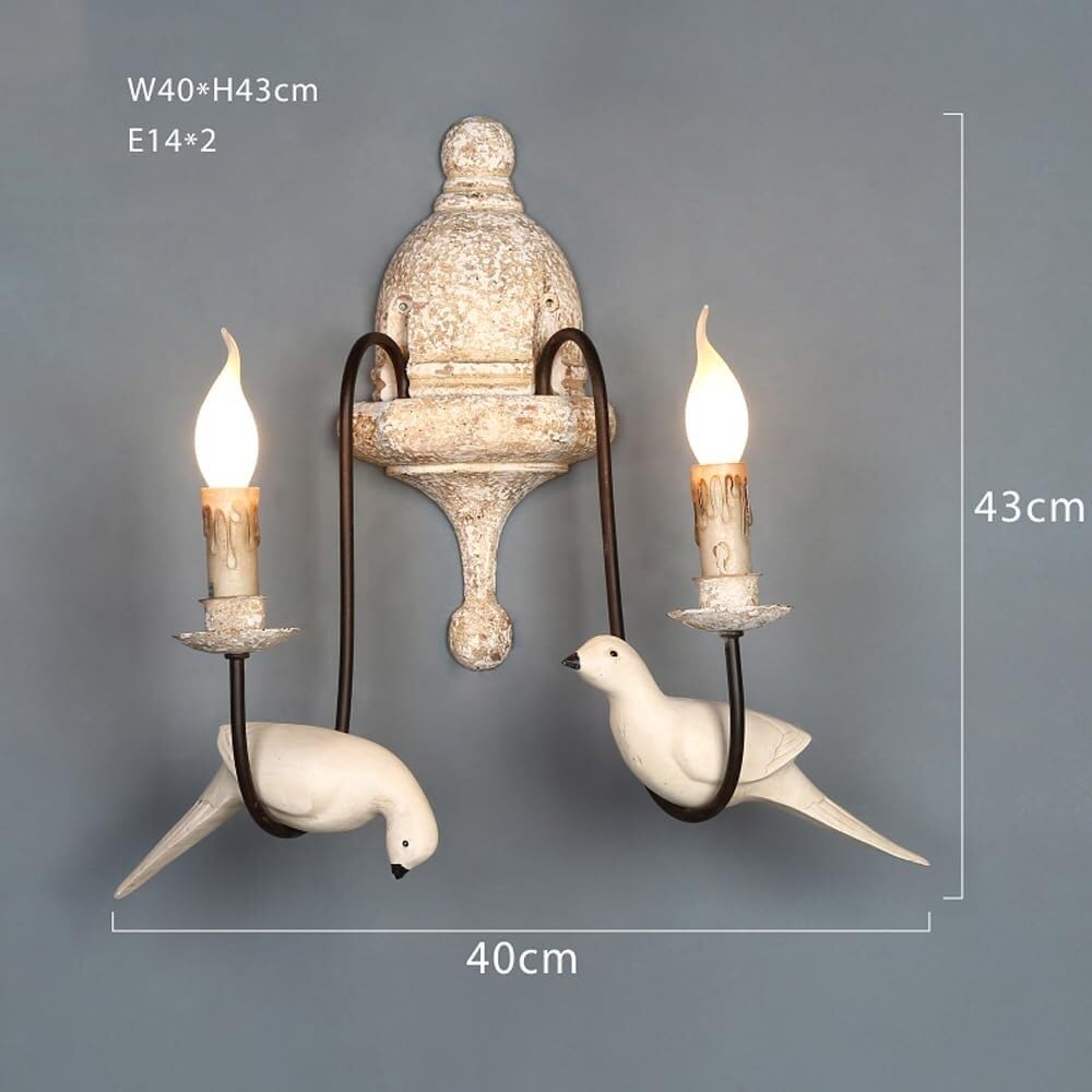 Französische Vintage Rustikale Vogel Wandlampe Bauernhaus Kerze Wandlampe Distressed Weiß Holz Finish Wandleuchten for Schlafzimmer Wohnzimmer(2-Lights)