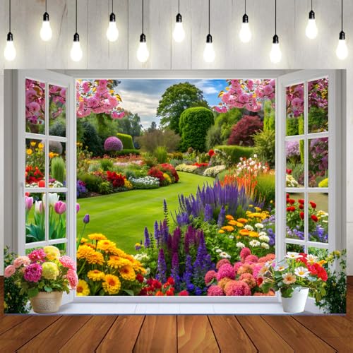 LTLYH 7x5ft Spring Summer Garden Window Backdrop Floral Nature Landscape Photo Background with Blooming Flowers for Portrait Photoshoot Wedding Baby Shower Birthday Studio Decor 359