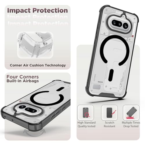 Image of RIGGEAR Shockproof Clear Hybrid Airbag Armor Magnetic Back Cover Case Compatible with MagSafe Accessories for Nothing Phone 4a 5G (Clear-Black TPU Bumper + Transparent PC)(Black)
