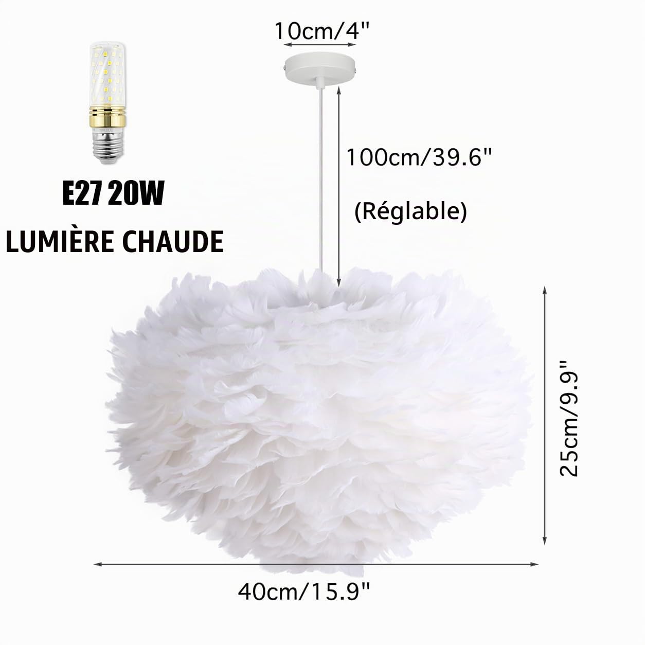 40 cm / 15,9 po Suspension en plumes blanches, abat-jour tissé à la main, luminaire romantique pour salon et chambre