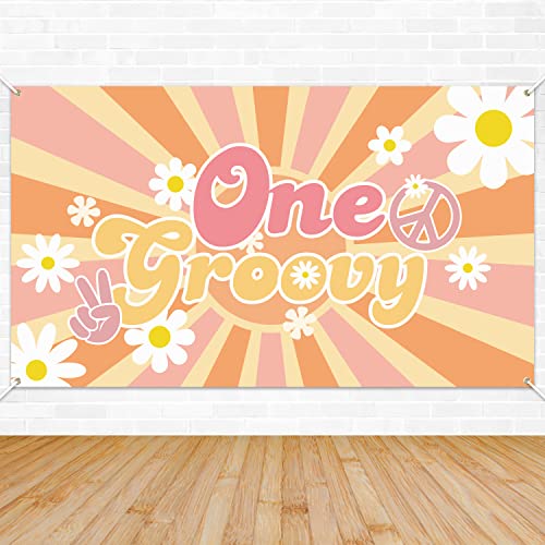 A1diee One Groovy Backdrop Banner Retro Hippie Boho Girl Party Decorations 1st Birthday Party Supplies Daisy Flower One Year Old Birthday Photography Background for Baby Shower Photo Prop Wall Decor
