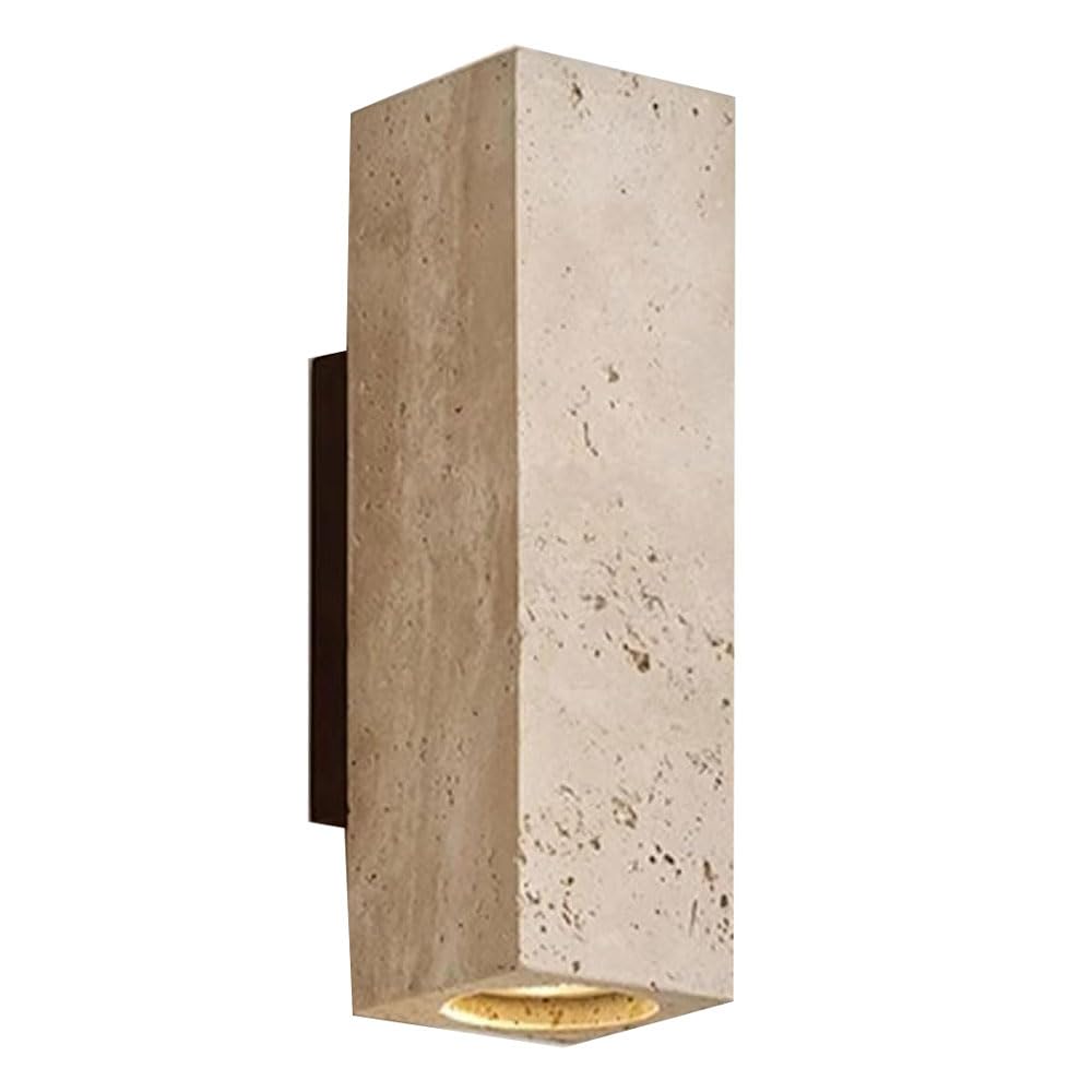 JISHUBO 9 Inch Cylindrical Yellow Travertine Wall Sconce, E26 Base Natural Stone Wall Light, Hardwired Indoor Wall Lamp, Living Room Hotel Bedroom Wall Mounted Light Fixtures