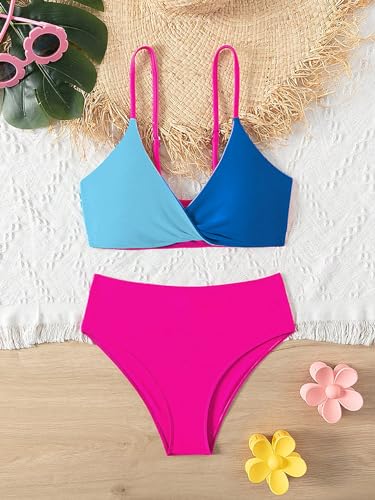 Milumia Girl's Color Block 2 Piece Swimsuit Twist Front Spaghetti Strap High Rise Bikini Set3