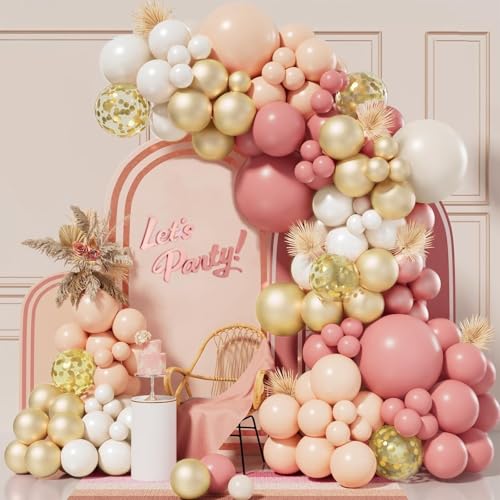 Kit de arco de balão rosa, 138 peças grinalda de balões rosa ouro branco bege, balões de aniversário rosa pastel casamento Baby Shower batismo dia dos namorados princesa festa decoração