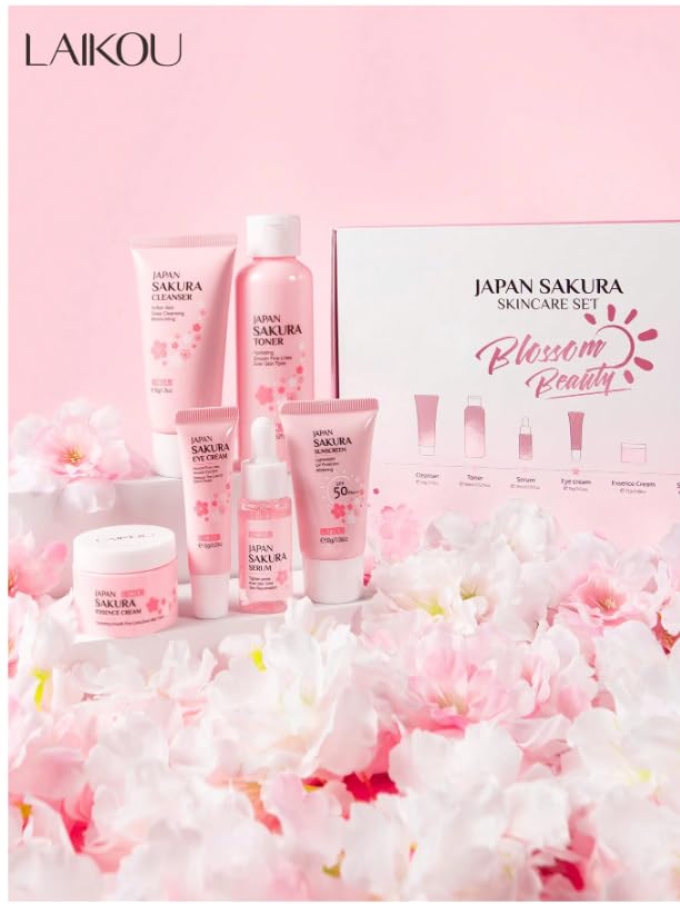 LAIKOUJapan Sakura skincare set 6 PCS, Skincare set includes Cleanser, Sunscreen, Serum, Essence Cream, Eye Cream and Toner Gifts set