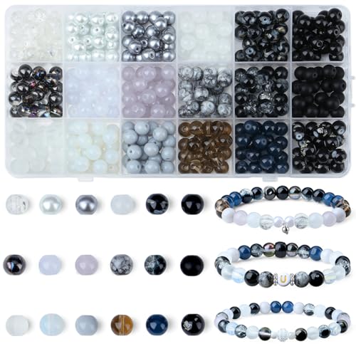 DUQGUHO 8mm Black Beads for Bracelets Black and White Glass Beads for Jewelry Making Glass Round Bead Necklaces DIY Crafts Kit 360PCS