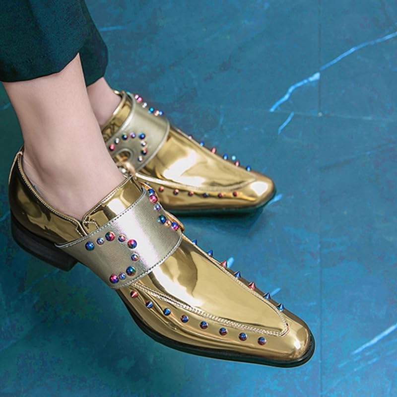 Men's Patent Leather Pointed Dual Monk Straps Loafers Rivets Slip-on Non-Slip Waterproof Arch Support Oxford Formal Business Dress Shoes3