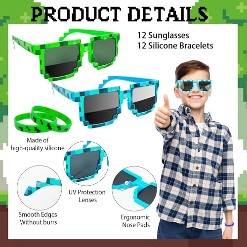 24Pack Pixel Theme Party Favors, 12 Pixelated Sunglasses and 12 Silicone Bracelets, Video Game Gamer Ideal Gift for Kids and Adults Birthday Party Decorations Supplies2