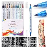 Ponhey Temporary Tattoo Markers, 10 Body Markers + 67 Large Tattoo Stencils for Kids and Adults, Skin-safe and Coloured Ink Double-ended Tattoo Pens Make Bold and Fine Lines for Body and Facial Art