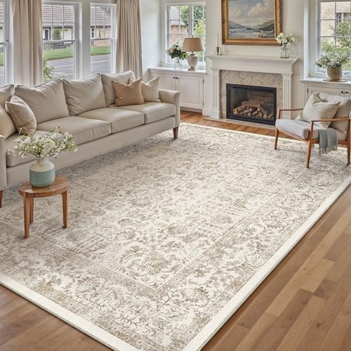 Light Brown Area Rug 10x12 Machine Washable Large Vintage Living Room Distressed Non Slip Carpet Traditional Indoor Bedroom Retro Floral Accent Throw Rug for Office Kitchen Dining Room