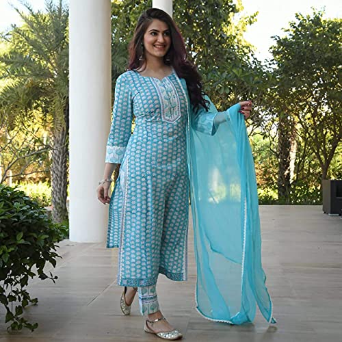GoSriKi-Womens-Cotton-Blend-Printed-Straight-Kurta-with-Pant-Dupatta-Sky-Bird-GO