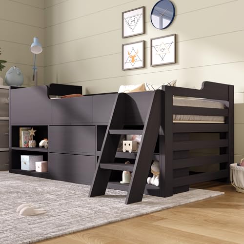 Merax Kids Single Bed with 2 Drawers and Shelves 3FT Kids Wooden Bed with Storage Single Bed with Slatted Frame Mid Sleeper Cabin Bed for Children Taupe 90x190 cm (No Mattress)