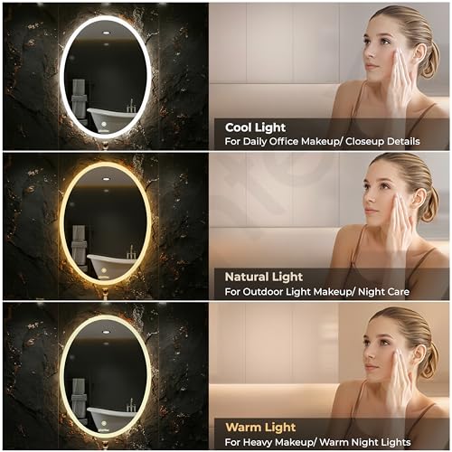 Image of Plantex LED Bathroom Mirror with 3 Tone /Designer Mirror for Living Room /Bedroom /Dressing Room - Oval Shape (18 X 24 Inch)
