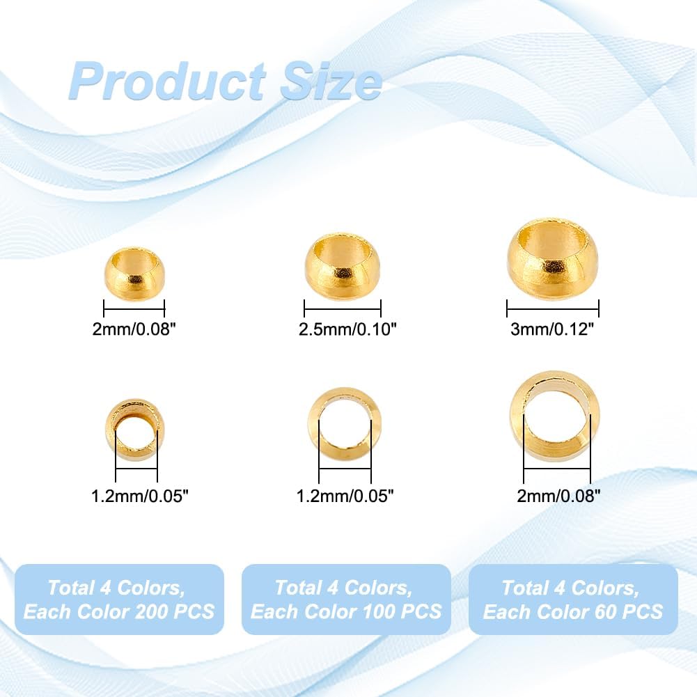 PH PandaHall 1440pcs Brass Tube Crimp Beads 2mm 2.5mm 3mm Rondelle Spacer Beads 4 Colors Loose Connector Beads Tiny Stoppers for DIY Jewelry Necklace Bracelet Craft Making, 1.2~2mm Hole - Image 2