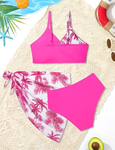 Image of BAVADER Girls Swimsuit, Bathing Suit Size 13 Size 14 Tropical Floral Twist Cross Bikini Swimsuits for Teens with Cover Up Skirt, Pink Palm