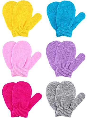 6 Pairs Winter Warm Knitted Mittens Gloves Stretch Mittens for Christmas Party Kids Toddler Supplies (Pink, Rosy, Yellow, Blue, Purple, Gray)