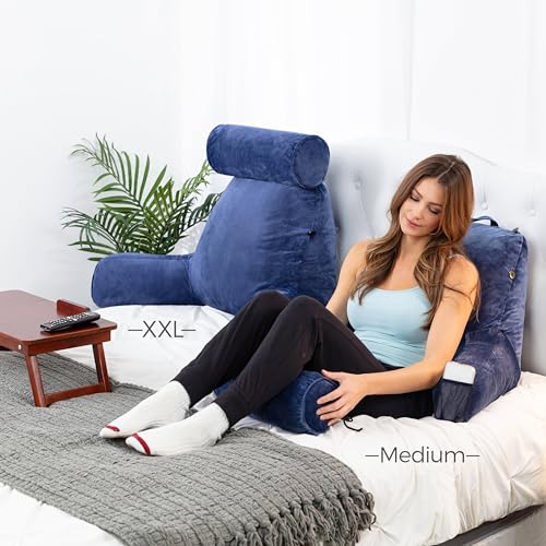 Image of Husband Pillow - Dark Blue, Big Backrest Reading Bed Rest Pillow with Arms, Plush Memory Foam Fill, Remove Neck Roll Off Bungee, Change Covers, Zipper On Shell of Bed Chair for Adjustable Loft