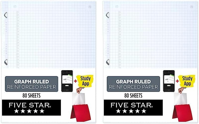 Five Star Papel de hojas sueltas, papel para cuaderno, papel gráfico, papel de relleno reforzado, combate el sangrado de tinta, 8.5 x 11, 80 hojas
