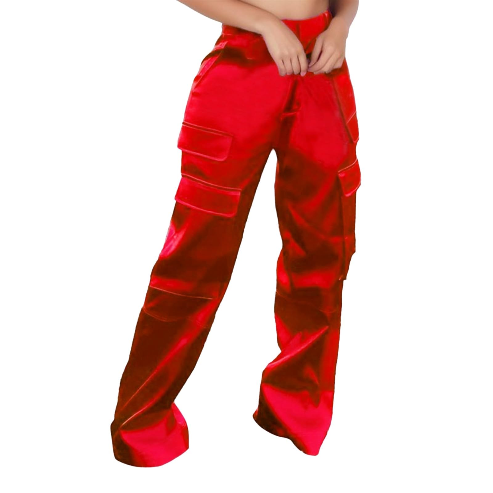 Women High Waisted Satin Cargo Pants Baggy Wide Leg Multi Pockets Pant Vintage Straight Trousers Y2k Streetwear