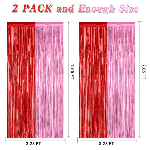Image of ZATAYE 2 Pack Red Pink Valentines Foil Curtain Streamer Decorations | Red Pink, Metallic Foil, 3.28 x 7.05 FT, Tinsel Backdrop, Foil Curtain Streamer, Valentines Party Decorations