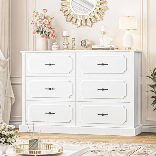 FINETONES White Dresser, 47.2'' Chest of Drawers, Farmhouse Dresser White Chest of Drawers with Large Storage, Storage Organizer for Home Office