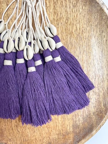 Image of Zippy Flora Handmade Cotton Tassels with Cowrie Shells for DIY & Crafts Project, Pack of 10 (Dark Purple)