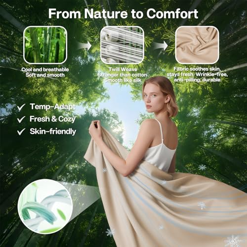 MR&HM Twin Sheets Set, 3-Piece Cooling Sheets, Rayon Derived from Bamboo & Polyester Blend, Soft & Silky, 15" Deep Pockets with Elastic Straps, Hotel Luxury for Hot Sleepers, Beige