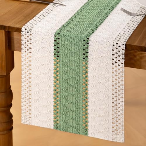 Image of MLMC Sage Green Boho Table Runner Farmhouse Macrame Woven Table Runner 72 inch Long Rustic Cotton Linen Blend Table Decor for Dinning Kitchen Wedding Bridal Shower Eveyrday Use 12x72 Inch