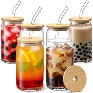 [ 6pcs Set ] Glass Cups with Bamboo Lids and Glass Straw – Beer Can Shaped Drinking Glasses, 16 oz Iced Coffee Glasses, Cute Tumbler Cup for Smoothie, Boba Tea, Whiskey, Water – 2 Cleaning Brushes