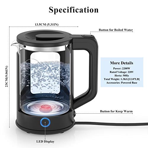 Foto von Wasserkocher,1,7 L Glaswasserkocher Schnurlos mit LED-Anzeigelampen, 3000W tragbarem Elektro-Warmwasserkessel, automatischem Abschaltschutz, Wasser Schnell Kochen (Schwarz)