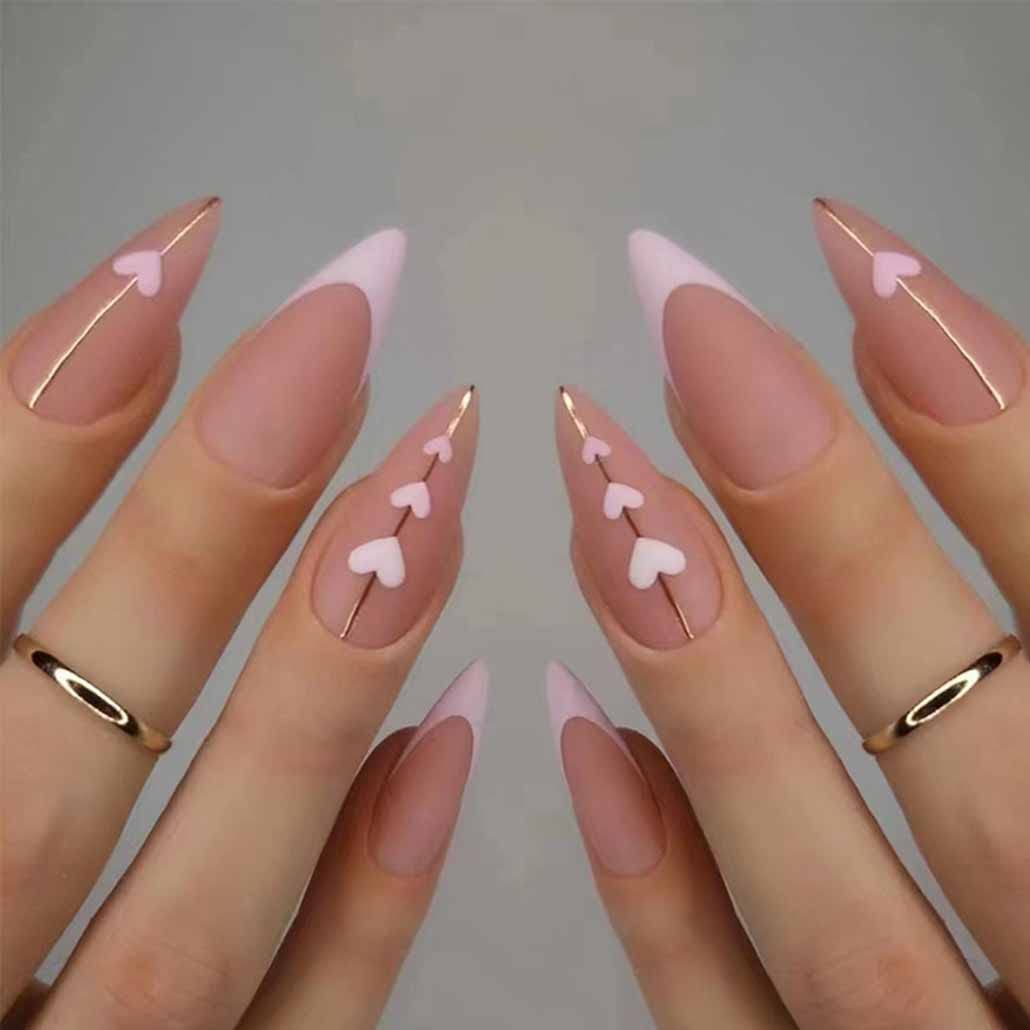 FoccnaPink Press on Nails Almond, Acrylic Fake Nails Matte French LOVE False Nails Wear Long Artificail Nails for Nail Art Manicure Decoration, 24pcs