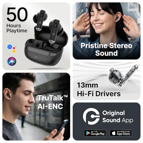 Image of pTron Bassbuds Encore in-Ear TWS Ear Buds w / 50Hrs Playtime, Custom EQ, Mobile App, 13mm Drivers, Pristine Sound, BTv6.0 Headphones, Touch Control, Voice Assistant, Type C Charging & IPX4 (Black)