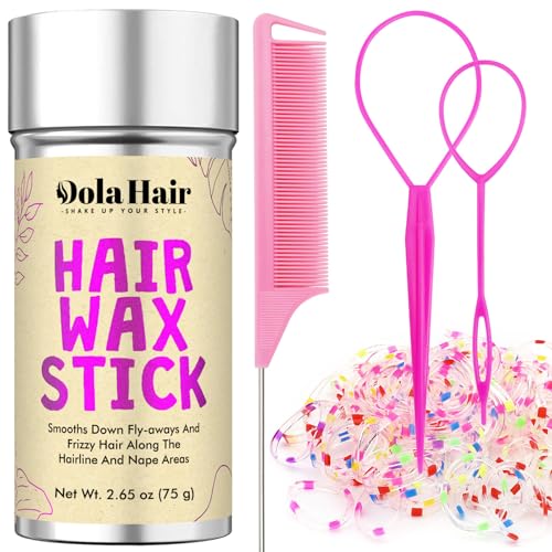 Dolahair Hair Wax Stick & Accessories - Flyaway Control for Kids & Women 50 Pcs Colorful Elastic Hair Bands 1 Pcs Slick Back Hair Brush 2 Hair Loop Styling Tools (Pink)