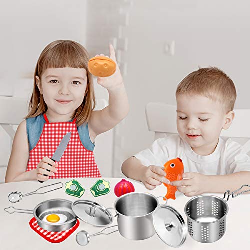 QDH Play Kitchen Accessories Kids Kitchen Pretend Play Toys with Stainless Steel Cookware Pots and Pans Set for Toddlers Cooking Utensils Apron and Cutting Play Food for Girls Boys Educational Tool - Thumbnail 3