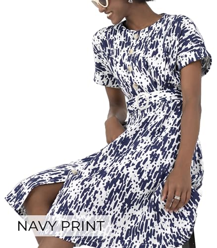 Image of SIXDO 2025 Womens Midi Dress A Line Front Button Adjustable Belt Round Neck Roll Short Sleeve Work Office