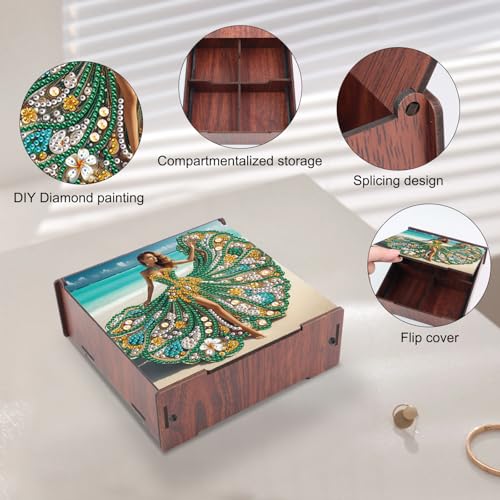 Image of DIY Diamond Art Storage Box, Beach Lady Design Wooden Diamond Painting Organizer with Flip-Top Lid and 4 Compartments, for Craft, Jewelry, and Desktop Storage, Table Decoration Gift Accessories