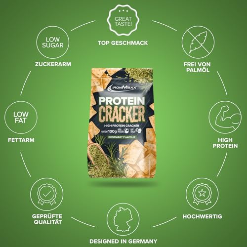 IronMaxx Protein Cracker - Rosemary 100g | Knuspriger und zuckerarmer Snack mit 21% Eiweiß | Gebacken und nicht frittiert