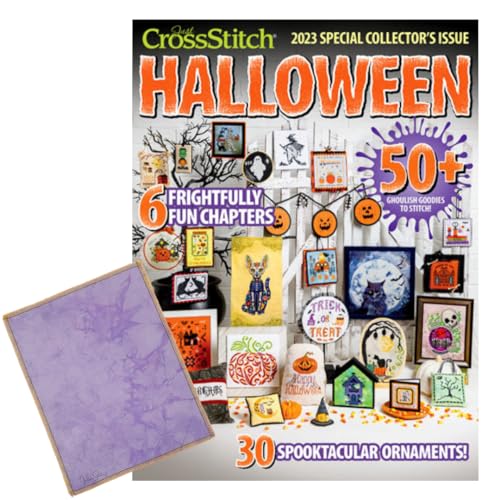 Image of VolcanoStitching Halloween 2023 Just Cross Stitch Magazine 14ct Aida | 2023 Just Cross Stitch Halloween Special Issue magazine bundled with hand-dyed 14-count Aida cross stitch fabric.
