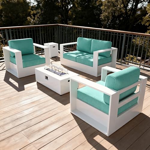 Image of LayinSun Oversized Aluminum Outdoor Furniture Set, 4 Piece Patio Sofa Sets with Fire Pit Table, Deep Seating and Upgraded 6-inch Cushions for Porch, Balcony, Deck