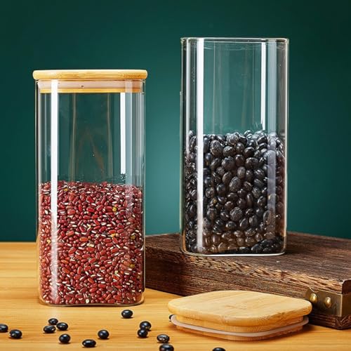 Image of Glass Food Storage Jars With Bamboo Lids 1500Ml,Wide Mouth Lid Jar For Home Kitchen,Flour,Sugar,Coffee,Pasta,Oats,Grains,Cookies,Snacks set of 12(12, SQUARE BAMBOO LID GLASS JAR 1500 ml -)