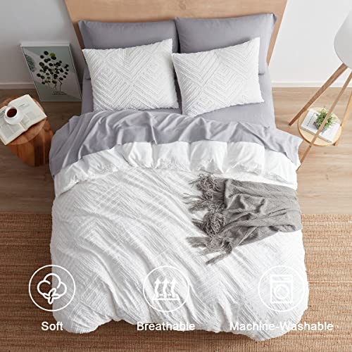 Image of Boho Queen Duvet Cover Set - Textured 3 Piece Tufted White Bedding with Zipper Closure, 1 Queen Size Duvet Cover 90x90 Inches and 2 Pillow Shams