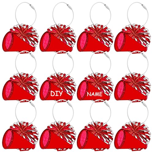 Liliaafar 12 Pcs Cheer Luggage Tags for Suitcases Cheer Pompom Tags DIY Name Cheerleading Teams Gifts Backpack Charms(Red)