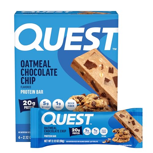 Quest Nutrition Oatmeal Chocolate Chip Protein Bars, 20g Protein, 1g Sugar, 5g Net Carb, Gluten Free, Keto Friendly, 4 Count