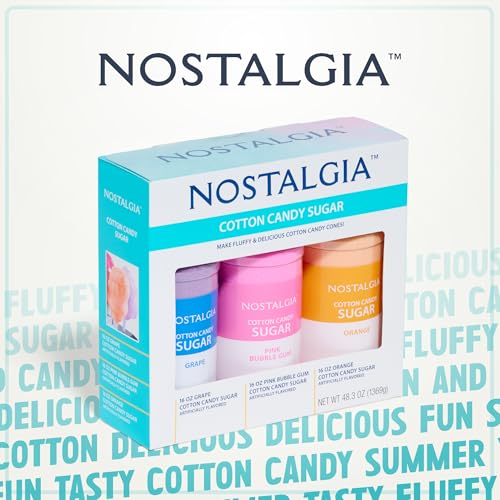 Image of Nostalgia Cotton Candy Flossing Sugar (3-Pack), Grape, Pink Bubble Gum, Orange - Three 16-oz Bottles of Cotton Candy Sugar Mix - 96 Small to Medium Cone Servings